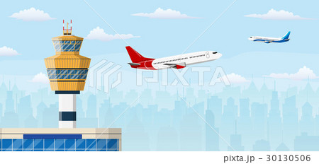 airport control tower and flying civil airplane airport control tower and flying civil airplane 30130506