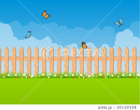 Summer garden scene with wooden fence and blue sky Summer garden scene with wooden fence and blue sky 30130508
