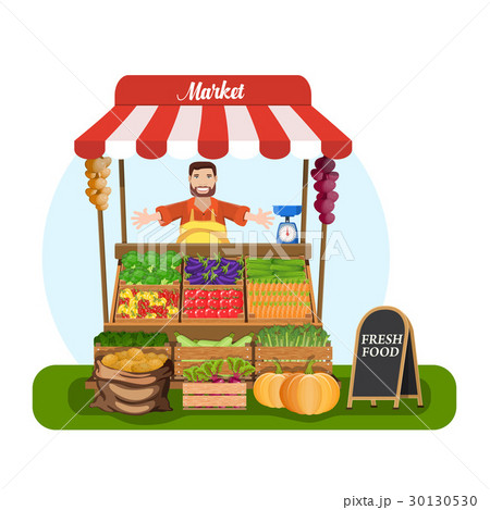 Market stall with salesman trading vegetables. 30130530