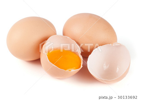 two whole eggs and broken egg isolated on white two whole eggs and broken egg isolated on white 30133692