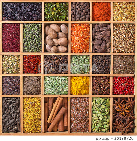 wooden box with spices and herbs wooden box with spices and herbs 30139726