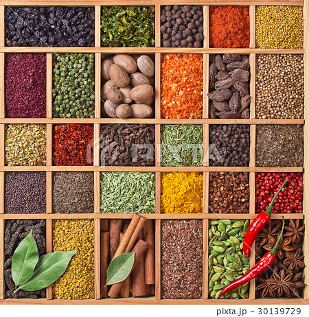 wooden box with spices and herbs 30139729