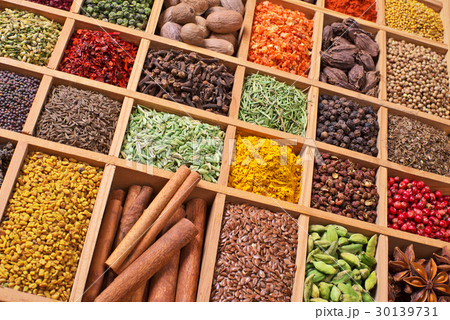 wooden box with spices and herbs 30139731