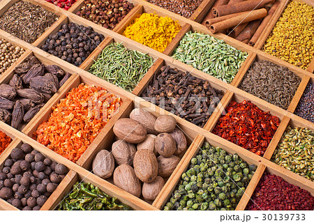 wooden box with spices and herbs wooden box with spices and herbs 30139733