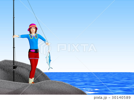 ジギング> ライトショアジギングで磯から青物を釣り上げた釣りガール ジギング> ライトショアジギングで磯から青物を釣り上げた釣りガール 30140589