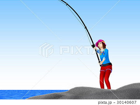 ジギング ライトショアジギングで大物の魚を釣り上げる釣りガールのイラスト素材