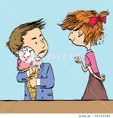 Greedy boy with a big ice cream cone and the girl 30144384