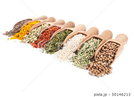 Row of wooden shovels with spices in them 30146213