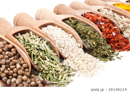 Wooden shovels with different spices 30146214