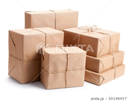 Group of parcel wrapped with brown packing paper 30146457