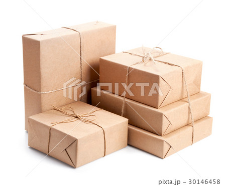 Group of parcel wrapped with brown packing paper 30146458