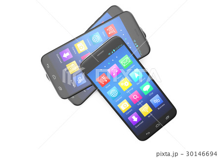 A silver phone width a blue screen and icons 30146694