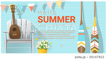 Hello summer background with ukulele on a chair 30147922