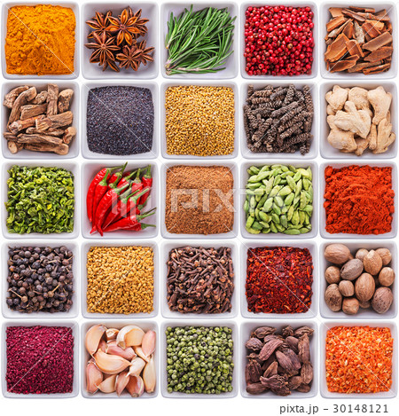 collection of spices and herbs in ceramic bowls collection of spices and herbs in ceramic bowls 30148121