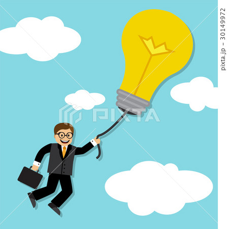 Businessman holds a balloon light bulb and flies 30149972