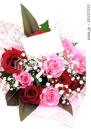 花束とメッセージカードの写真素材