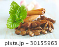 coffee beans cinnamon mint leaf background 30155963