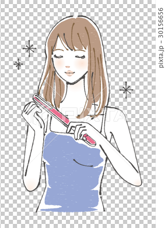 ストレートアイロンで髪を巻く女性のイラスト素材