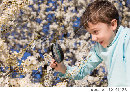 Happy little boy exploring nature with magnifying glass at the d Happy little boy exploring nature with magnifying glass at the d 30161128