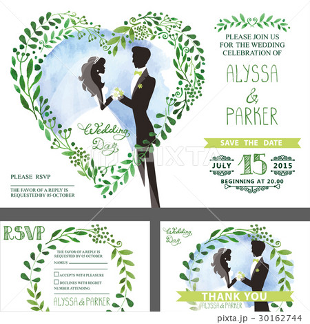 Wedding invitation.Green branches heart ,bride 30162744