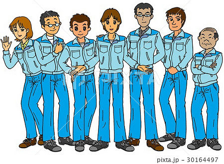 作業者７人の立ち姿 青服 のイラスト素材