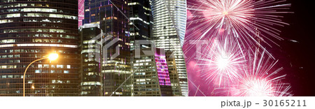 Skyscrapers and fireworks, Moscow, Russia 30165211