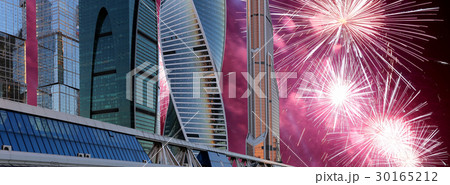 Skyscrapers and fireworks, Moscow, Russia 30165212