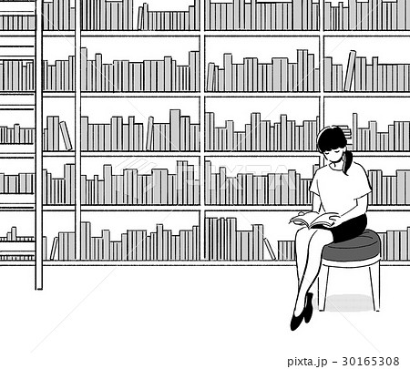 大きな本棚と本を読む女性のイラスト素材
