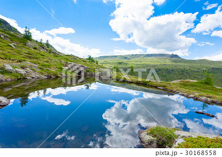 Italian mountain panorama,clouds reflected on lake Italian mountain panorama,clouds reflected on lake 30168558