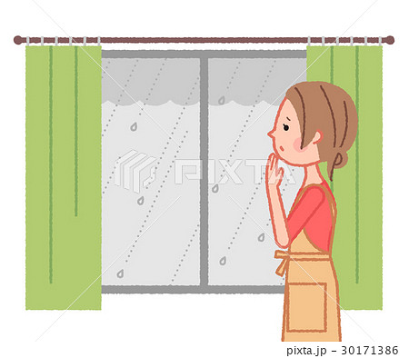 窓越しに外の雨を眺める女性のイラスト素材