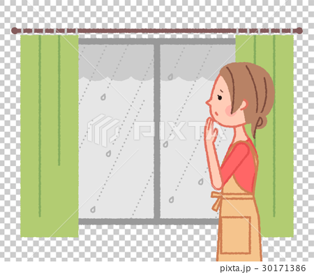 窓越しに外の雨を眺める女性のイラスト素材