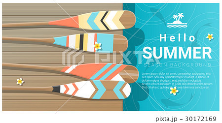 Hello summer background with paddle on wooden pier 30172169