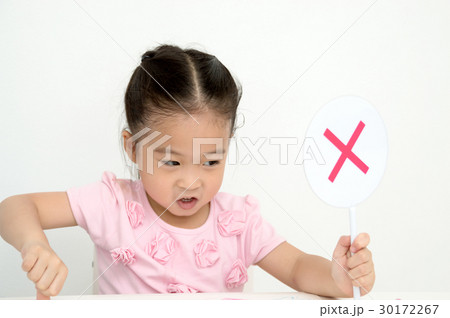 .The girl is holding the sign on white background 30172267