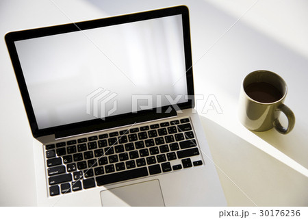 Laptop Coffee Cup Sunlight Morning White Table 30176236