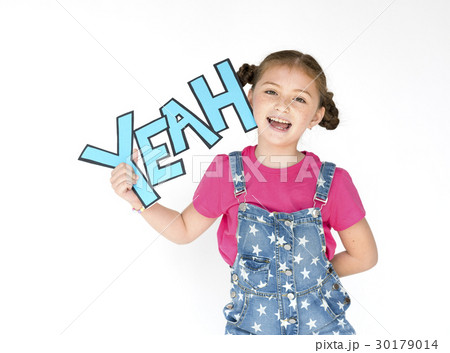 Little Girl Smiling Happiness Holding Comic Word Yeah Portrait 30179014