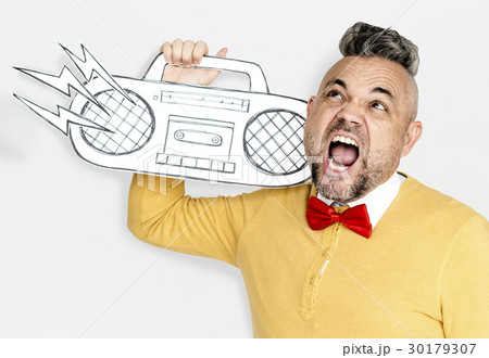 Caucasian Man Holding Paper Crafted Jukebox 30179307
