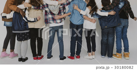 Group of School Friends Hugging with Rear View on White Background Group of School Friends Hugging with Rear View on White Background 30180082