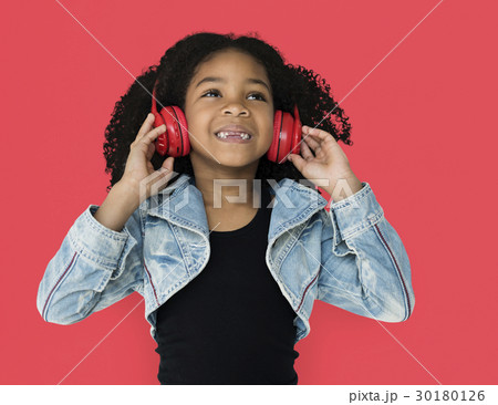 Little Girl Listening Music Headphones Studio Portrait 30180126
