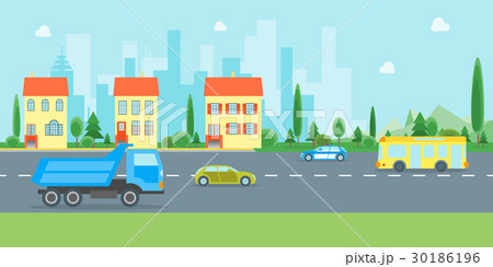 Cartoon Urban Landscape with Road and Transport Cartoon Urban Landscape with Road and Transport 30186196