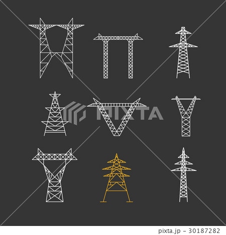 Silhouettes of High Voltage Electric Post Icon Set 30187282
