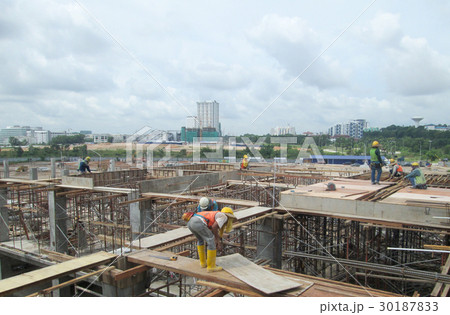 Construction workers fabricating timber form work Construction workers fabricating timber form work 30187833