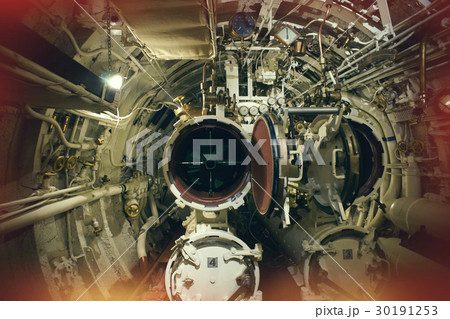 Detailed view of valves and pipes in old submarine 30191253