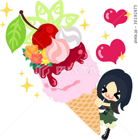 可愛い女の子とさくらんぼのアイスクリームのイラスト素材