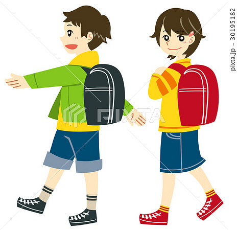 通学 歩く小学生の男の子と女の子 のイラスト素材