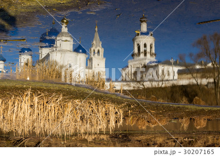 White-stone monastery with sky-blue domes 30207165