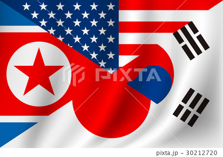 北朝鮮と韓国と日本とアメリカ国旗のイラスト素材