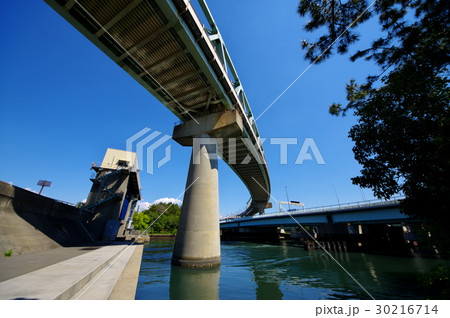 鉄道橋と水門　JR 夢の島橋梁・曙水門・国道357号 a　超広角 30216714