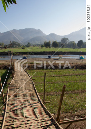 bamboo bridge and campsite near the river 30223384