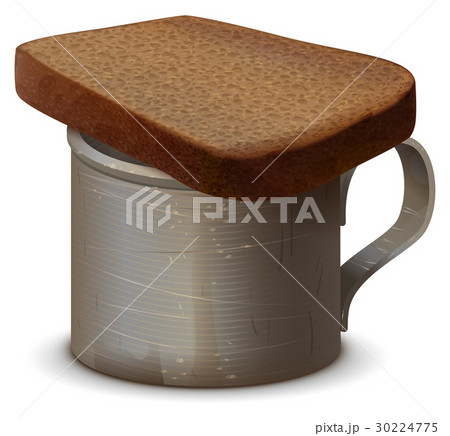 Metal war mug with water and piece of gray bread 30224775