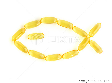 Omega-3 capsules on white background, fish shape 30230423